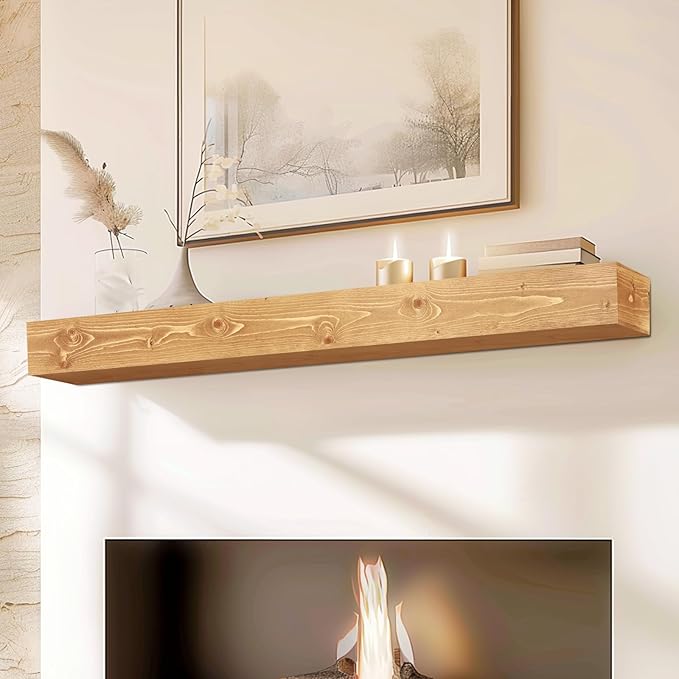 60x8x5 Fireplace Mantel - Handcrafted Rustic Solid Wood Wall Mounted Floating Shelf with Invisible Heavy Duty Wood Bracket (Natural)-Ruum Studio Home