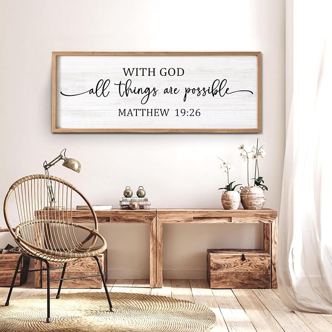 With God All Things are Possible Framed Wall Art, 40''×15'' Positive Religious Rustic Bible Verse for Christian God Jesus Christ Prayer, Vintage Horizontal Holy Inspirational Catholic Scripture Decor-Ruum Studio Home