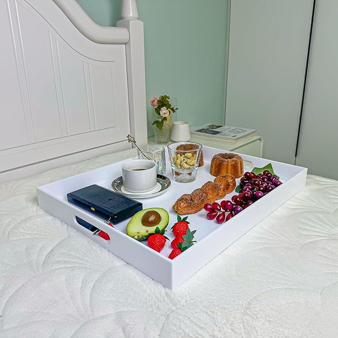 White Rectangular 16x20 Inches Acrylic Ottoman Tray Decorative Serving Tray with Cutout Handles Organizer Tray on Coffee Table Countertop Big Breakfast Bed Tray Living Room Appetizer Serving Food-Ruum Studio Home