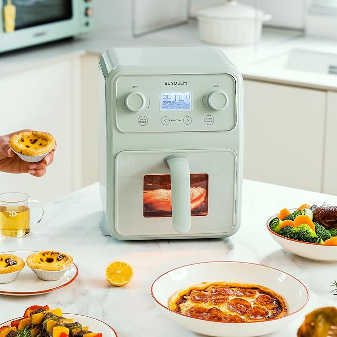 BUYDEEM F51 8-in-1 Air Fryer 4.2QT, Retro Countertop Airfryer Oven with Visible Window, Shake Reminder, One-touch Control with LCD Display, Cozy Greenish-Ruum Studio Home