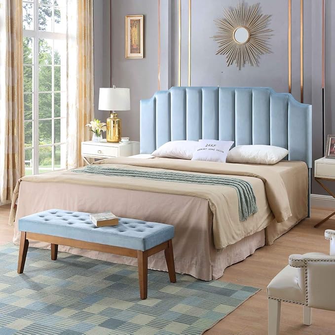 24KF Seaglass Velvet Tufted King Upholstered Headboard, Modern Vertical Channel Design California King Headboard with Stepped Silhouette Top Edge, Seaglass-Ruum Studio Home