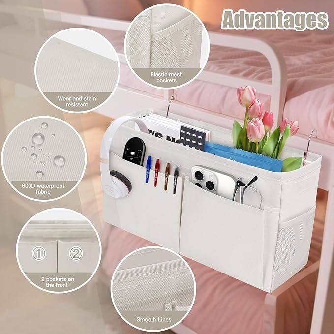 Bedside Caddy Organizer with Fixed Straps, Bunk Bed Caddy ideal for Home, Bunk Bed, Dorm, Hospital, Crib, Versatile Bedside Storage Solution (Beige)-Ruum Studio Home