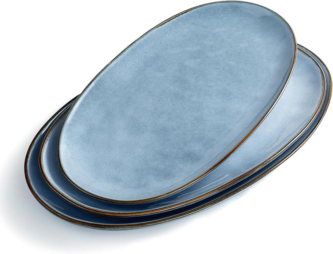 famiware Serving Platter, Oval 15.59/14.3/12.9inch Serving Dishes for Entertaining, Serving Bowls, Reactive Glaze, Stoneware Serving Trays for Party, Food, Turkey, Cheese, Ocean Series, Blue-Ruum Studio Home