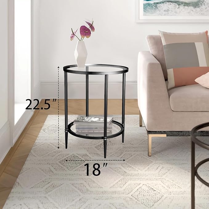 2 Tier Round Side Table, Black End Table with Glass Top, Modern Metal Clear Coffee Table，Small Accent Table for Living Room, Bedroom, 18" x 18" x 24"-Ruum Studio Home