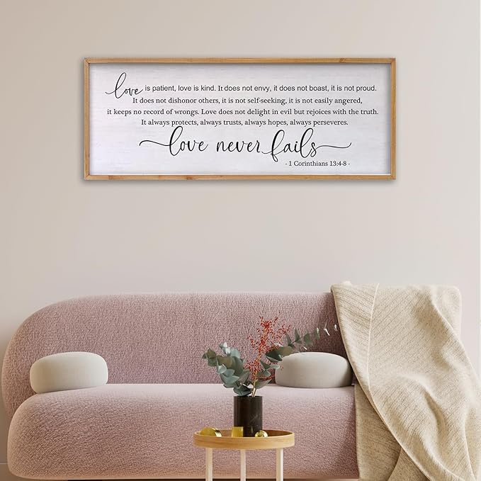 Love is Patient Love is Kind Wall Art 24×10 Inch Bible Verse 1 Corinthians 13 Christian Hanging Wood Framed Decor Sign (Wood)-Ruum Studio Home