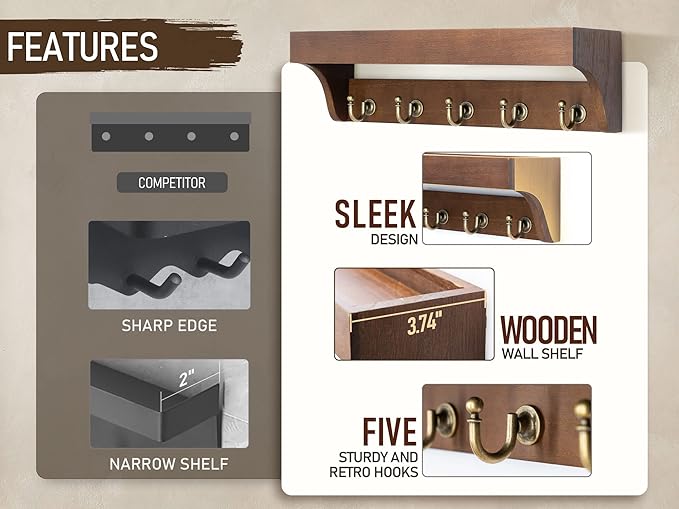 Rebee Vision Farmhouse Key Holder for Wall - Decorative Wooden Mail Organizer with 5 Rustic Key Hooks and Floating Shelf for Home Decor, Hallway, Entryway, Appartment (Retro Brown)-Ruum Studio Home