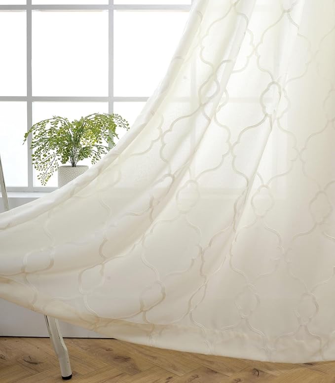 MIUCO Moroccan Embroidered Semi Sheer Curtains Faux Linen Grommet Curtain Panels for Living Room 52 x 95 Inch 1 Pair, Off White-Ruum Studio Home
