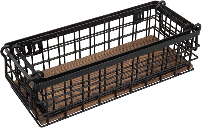 MyGift Set of 2 Wire Baskets for Pantry, Wall Mounted or Tabletop Black Metal Baskets for Organizing with Burnt Wood Base and Handles-Ruum Studio Home