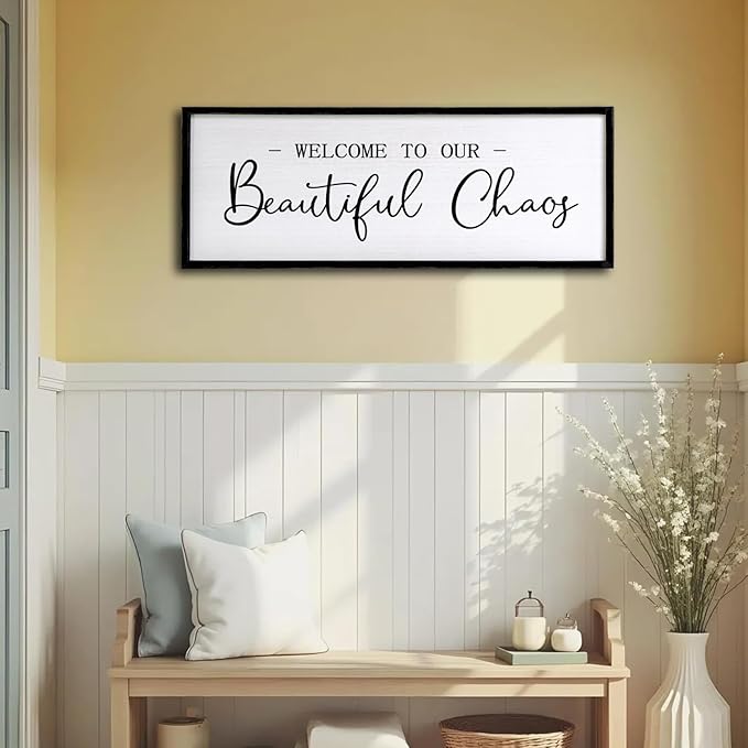 Welcome to Beautiful Chaos Framed Wall Art, 40''×15'' Rustic Horizontal Beautiful Chaos Plaque with Black Frame for Entryway Living Room, Farmhouse Long Welcome to our Chaos Wood Sign Wall Decor-Ruum Studio Home