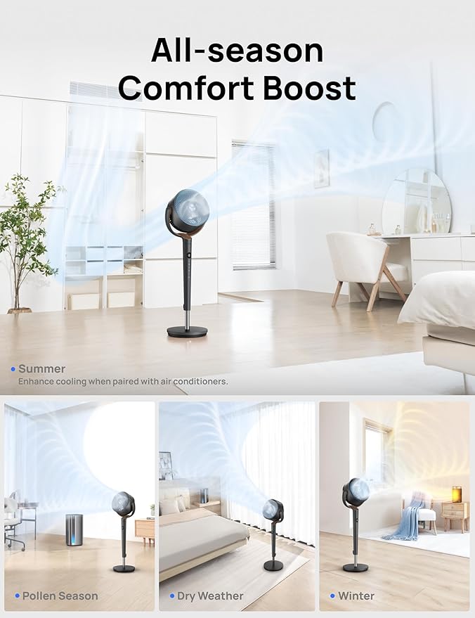 Dreo Fan for Bedroom, 120° Oscillating Standing Fans, Quiet Floor Fan with DC Motor, 100ft Pedestal Fans for Room, 9 Speeds, 4 modes, 20dB, 120° Manual Vertical, 37-42" Adjustable Height, 9H Timer-Ruum Studio Home