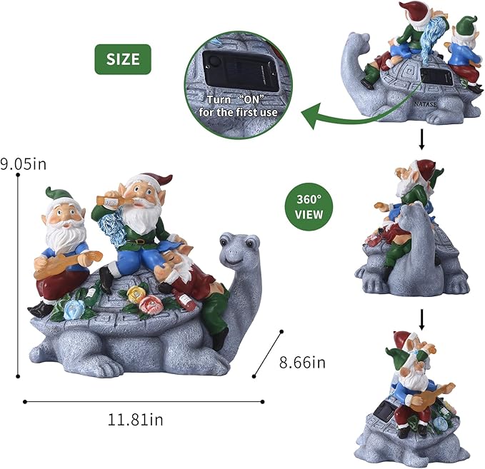 Upgraded Size Solar Garden Outdoor Statues Three Gnomes having party on turtle with 7 LED Solar Figurine for Lawn,Patio,Balcony,Yard Decor Unique Housewarming Gift, for grandfather, Father,Grandma,Wen-Ruum Studio Home