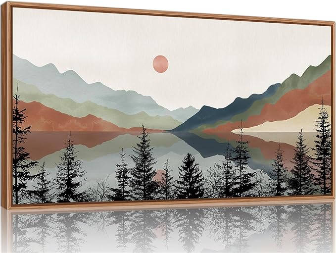 Tinonedraw Boho Mountain Framed Canvas Wall Art Set, Watercolor Nature Landscape Wall Decor, Neutral Modern Sunrise Artwork, Black Pine Trees Forest Art Prints for Living Room Bedroom Office 20"x40"-Ruum Studio Home