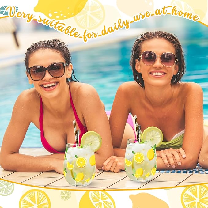 Sliner 2 Pack Lemon Stemless Wine Glasses 17oz Lemon Drinking Glasses Clear Stemless Wine Tumbler Unique Gift for Wedding, Mother's Day Birthday Drinking Party-Ruum Studio Home
