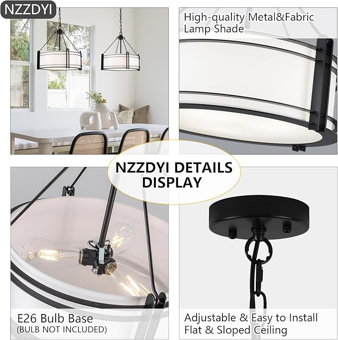 16.3''Black Drum Chandelier 3-Light Modern Farmhouse Chandelier with White Fabric Shade Adjustable Drum Pendant Light Fixture for Dining Room Kitchen Island Hallway Living Bedroom-Ruum Studio Home