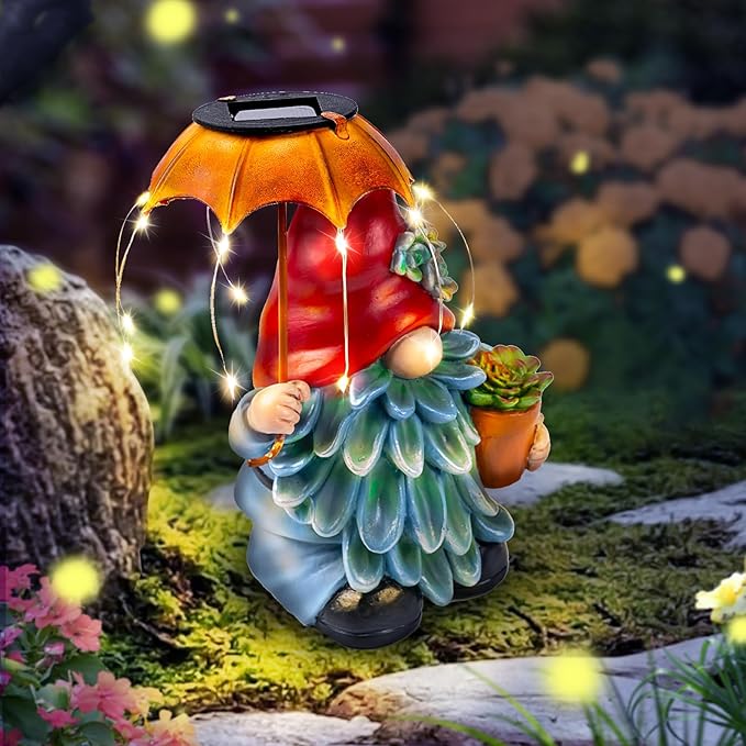 Solar Outdoor Statues Gnome Garden Decor, Garden Gnome with Solar LED Umbrella Decorative for Patio, Balcony, Lawn, Yard Ornament - Unique Gardening Gifts for Mom Grandma-Ruum Studio Home