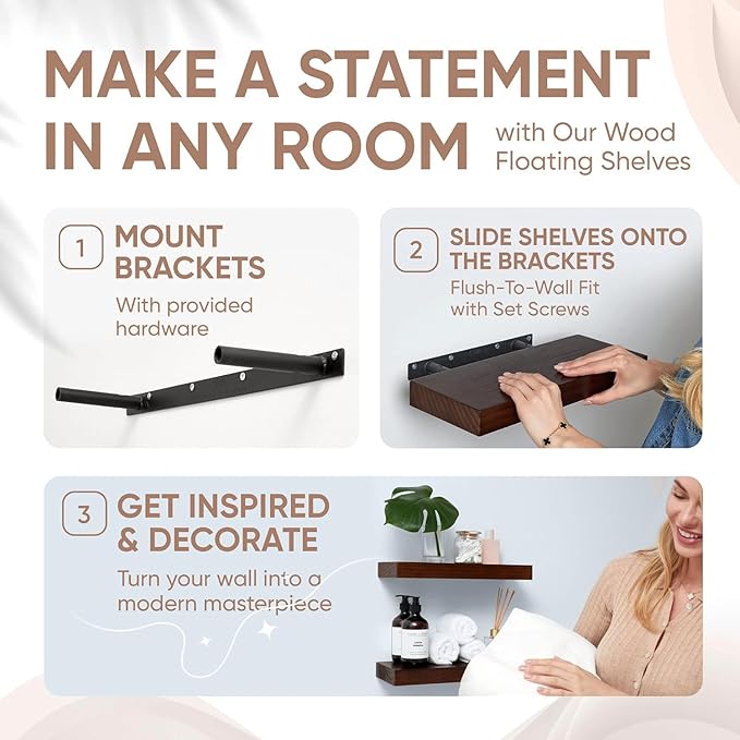 Homeforia Walnut 18 inch Floating Shelf, High End Solid Real Wood 18inch Floating Shelves for Wall Mounted, Dark Brown 18 inches Long Floating Shelves, Heavy Duty Bracket, 18 X 6.5 X 1.75 in, Set of 4-Ruum Studio Home