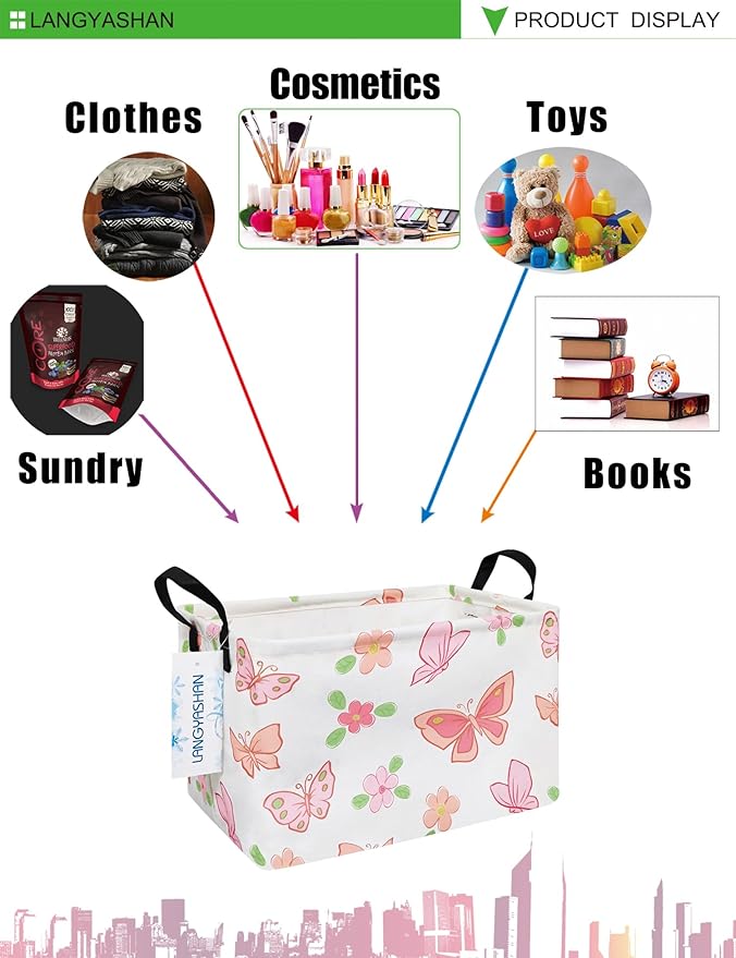 LANGYASHAN Rectangular Storage Bin Collapse Canvas Fabric Cartoon Storage Basket with Handles for Organizing Home Kitchen Boys and Girls Toys Office Closet Shelf Baskets (Rec Pink Butterfly)-Ruum Studio Home