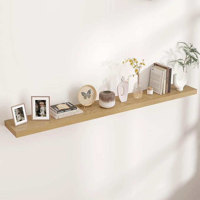Floating Shelves for Wall, Large Wall Mounted Shelves with Invisible Brackets, Long Wood Floating Shelf for Living Room, Bedroom, Kitchen, Bathroom (Oak, 72" W x 9" D x 1.5" H)-Ruum Studio Home