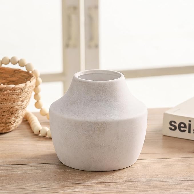 Mitt&Ditt Ceramic Flower Vase, 5.3 inch Off-White Farmhouse Rustic Vase, Handcrafted Weathered Pottery Vases, Small Flower Terracotta Vases for Home Decor, Living Room, Table, Shelf-Ruum Studio Home