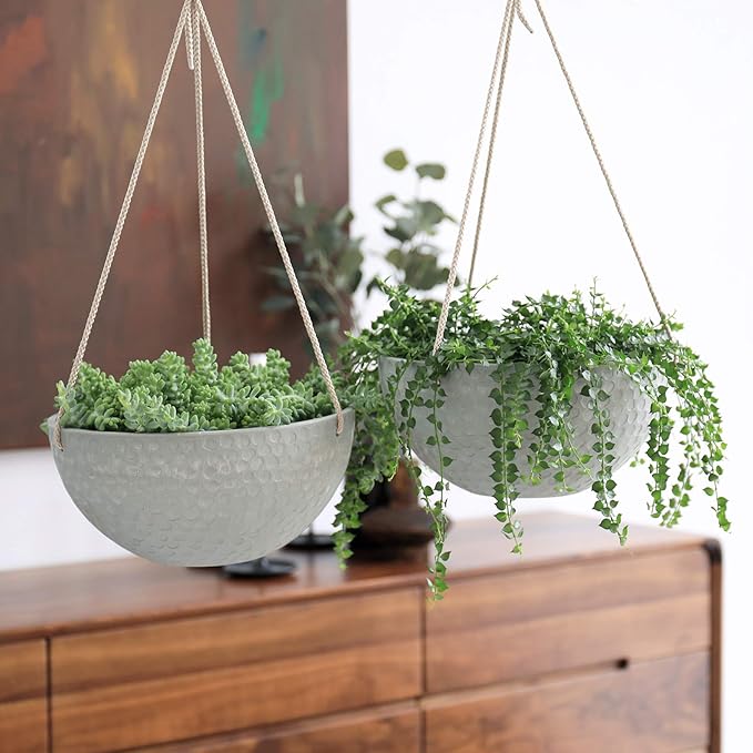 LA JOLIE MUSE Hanging Planters for Indoor Plants, Medium Hanging Planters with Drain Holes, Outdoor Hanging Flower Pots, Storm Gray, Honeycomb (10 Inch, Set of 2)-Ruum Studio Home