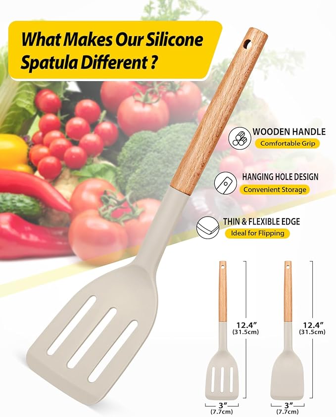 Pack of 2 Silicone Cooking Spatula, Heat Resistant Solid Turner, Non Stick Slotted Spatulas with Wooden Short Handle,Ideal Wood Kitchen Utensils Set for Frying, Baking, Flipping, Turning-Ruum Studio Home
