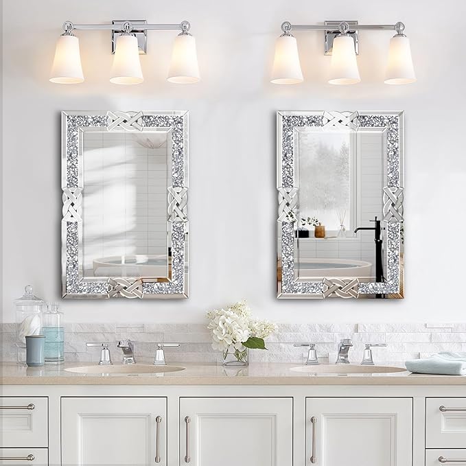 Crushed Diamond Decorative Wall Mirrors, 24x36 Inch Rectangle Living Room Mirrors for Wall Decor, Modern Glam Bathroom Dining Room Entryway Mirror Silver-Ruum Studio Home