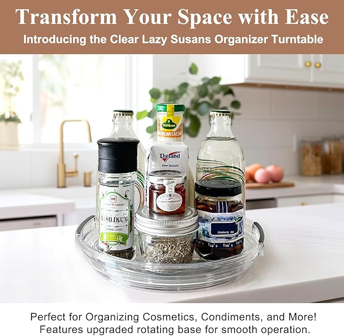 Clear Lazy Susan Organizer Turntable for Cabinet Table Top, 9.25 Inch 2 Pack 360 Rotating Spinning Makeup Organizer for Vanity, Kitchen Storage Rack Heavy-Duty Pantry Spices Tray Countertop Organizer-Ruum Studio Home