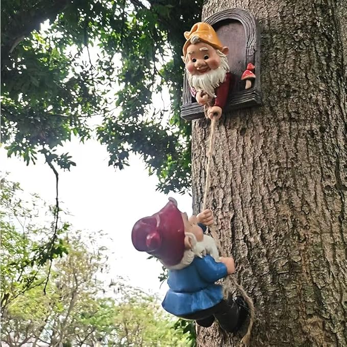 Climbing Gnomes Tree Faces Decor Outdoor for Yard, Adorable Gnome Elf Out Hugger Fairy Door Statue for Tree, Funny Garden Gnome Peeker Sculpture Yard Patio Art-Ruum Studio Home