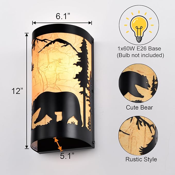 Black Wall Sconces Set of Two,Bear Metal Yellow Parchment Rustic Wall Sconces,Farmhouse Hallway Wall Light Fixtures,Industrial Wall Mount Lamp,Indoor Wall Lamps for Living Room,Bedroom,Porch-Ruum Studio Home