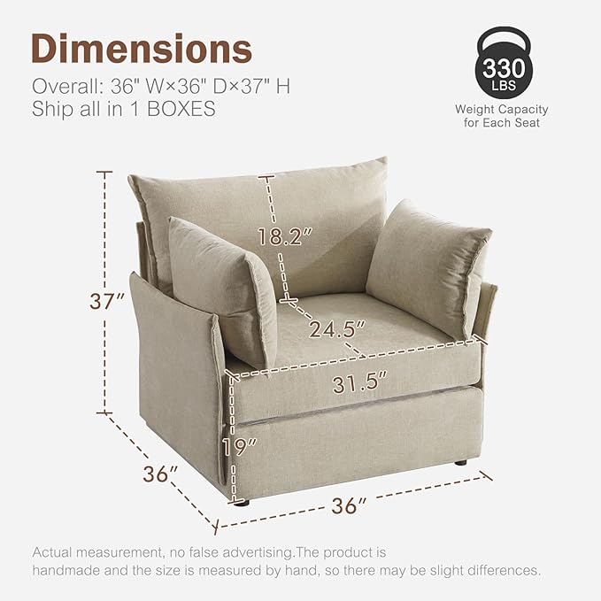 Oversized Accent Chair, Upholstered Modern Sofa Chair with Removable Backrest & Detachable Cover, 24.5" Deep Seat Large Reading Armchair for Living Room Bedroom Office - Chenille Beige Set of 2-Ruum Studio Home