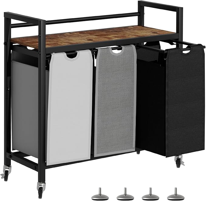 Laundry Hamper, Laundry Basket, Laundry Sorter with 3 Removable Bags, Clothes Basket with 3 Compartments, Wheels, Shelf for Laundry Room Bathroom Bedroom (3 Bags-Black Grey White)-Ruum Studio Home