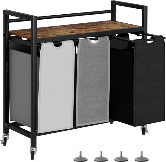 Laundry Hamper, Laundry Basket, Laundry Sorter with 3 Removable Bags, Clothes Basket with 3 Compartments, Wheels, Shelf for Laundry Room Bathroom Bedroom (3 Bags-Black Grey White)-Ruum Studio Home