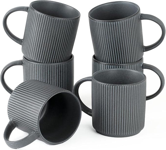 famiware Coffee Mug Set for 6, Star 12 oz Catering Mugs Cup Set with Handle for Coffee, Tea, Cocoa, Milk - Ceramic Stoneware Drinkware Set, Matte Dark Charcoal-Ruum Studio Home