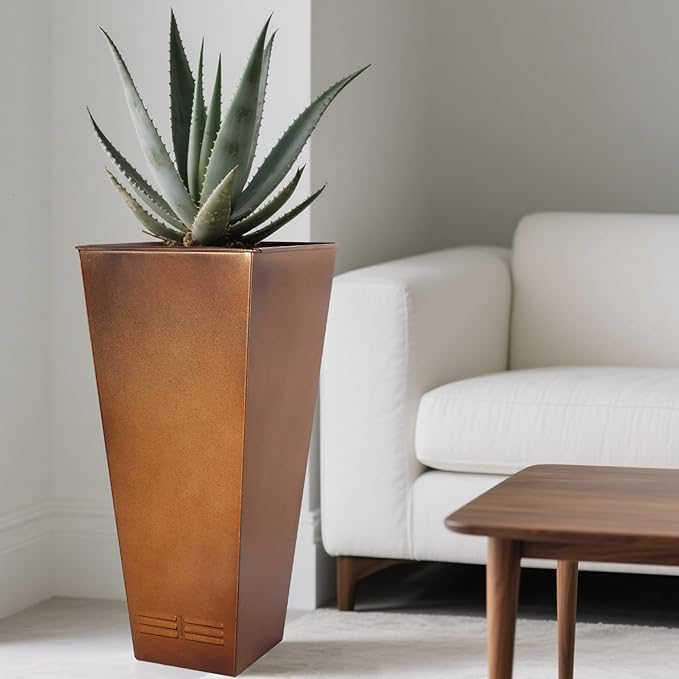 Worth Garden 28" H. Large Metal Planter Set of 2, Classic Matte Bronze Retro Finish Tall Square Tapered Steel Flower Plant Pots for Indoor & Outdoor Use - Insert Plate with Drain Holes, Air Vents-Ruum Studio Home