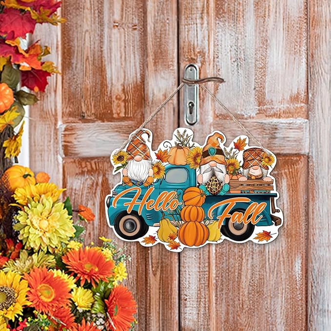 Hello Fall, Wood Hanging Gnome Decoration, Hello Fall Wood Hanging Decors, Rustic Thanksgiving Decors for Porch, Indoor Outdoor Autumn Door Decor(Truck), Housewarming Gift, Home Indoor Outdoor Decor-Ruum Studio Home