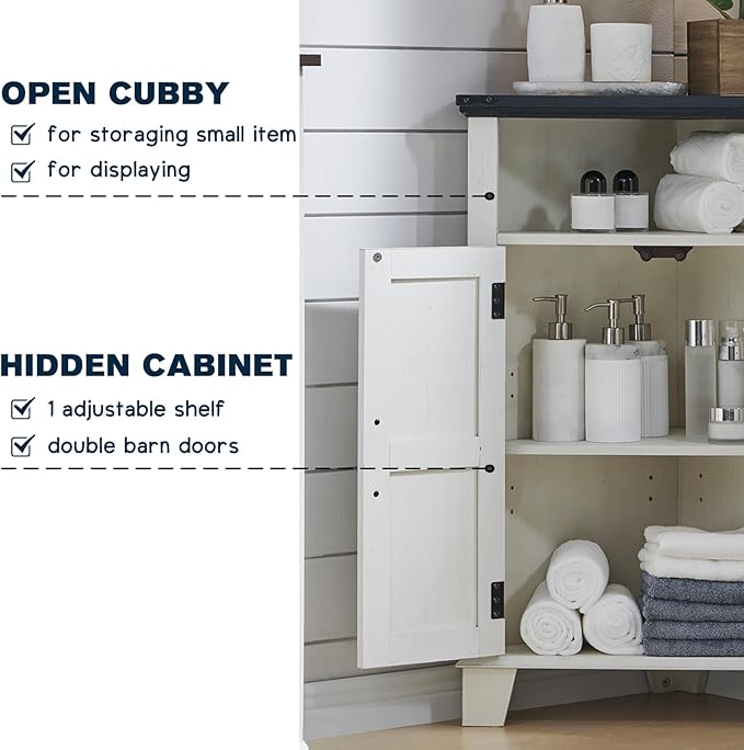 Corner Bathroom Cabinet, Farmhouse Small Corner Cabinet with Barn Door & Adjustable Shelf, Storage Cabinets for Bathroom, Kitchen, Living Room, Off White-Ruum Studio Home