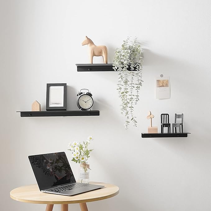 JOOM Black Floating Shelves for Wall Storage, Metal Wall Shelves for Living Room, Bathroom, Kitchen, 16” Display Shelves for Collectibles(2 PCS)-Ruum Studio Home