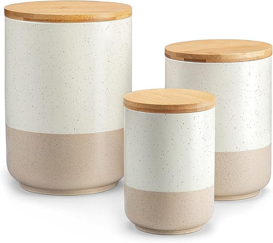 vancasso Sabine Ceramic Canister Set with Airtight Wood Lids - 3-Piece Kitchen Storage for Flour, Sugar, Coffee, Tea & Spices - Modern Countertop Decor-Ruum Studio Home