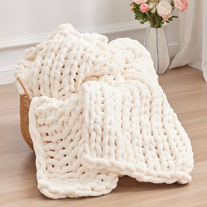 Chunky Knit Throw Blanket, 50''*60'' Knitted Throw Chenille Yarn for Bed Couch, Handmade Cream Crochet Big Thick Blanket, Machine Washable Cute Comfy Blanket for Home Decor-Ruum Studio Home