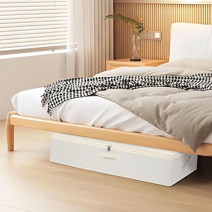 Underbed Storage Box, Clothes Organizer With Sturdy Structure and Reinforced Handles for Blanket, Sheets, Pillows, Towels, Shoes, Beige, 3 Pack, 31.5 x 15.7 x 5.9 Inch-Ruum Studio Home