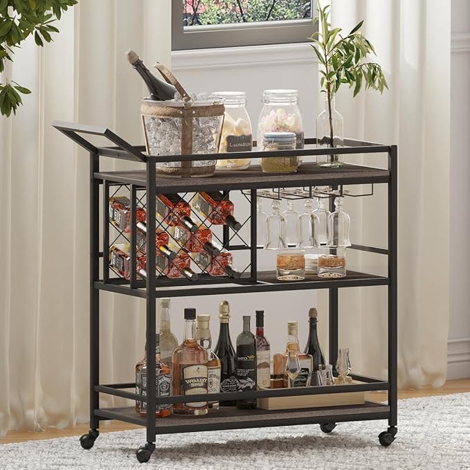 FATORRI Bar Cart for The Home with Wine Rack and Glasses Holder, Small Home Bar Serving Cart on Wheels for Liquor and Alcohol (Walnut Brown)-Ruum Studio Home