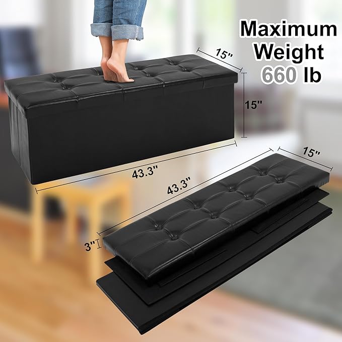 43 Inches Folding Storage Ottoman Bench, PU Leather Storage Chest, Footrest Padded Seat for Bedroom and Hallway, Holds up to 660 lbs, Black-Ruum Studio Home