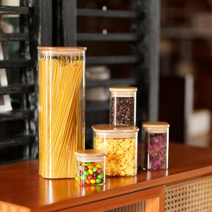 Glass Food Storage Jars Square 51oz, 3 Pack Glass Jars With Bamboo Lids, Kitchen Storage Containers For Spice, Candy, Cookie, Storage For Pantry Organizers-Ruum Studio Home