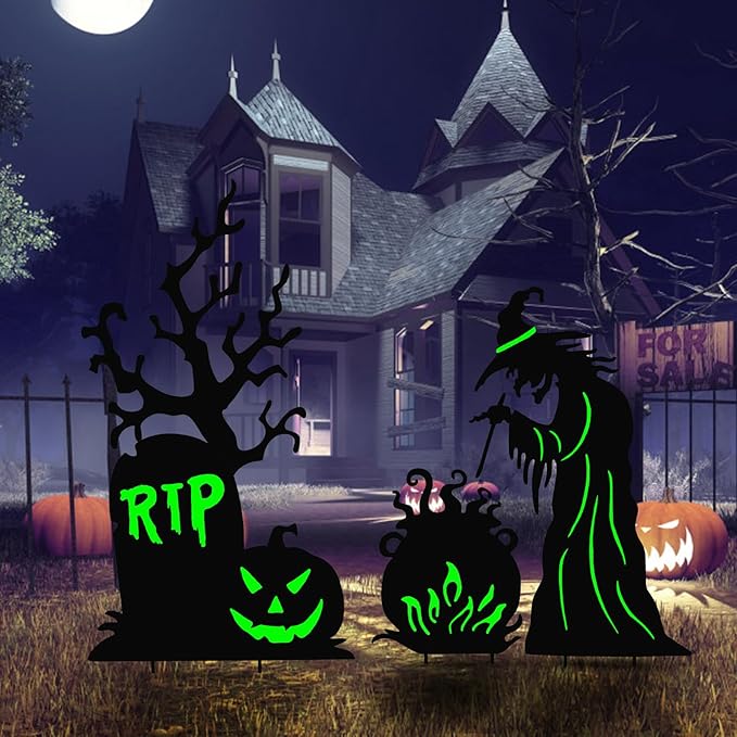 Halloween Yard Signs Outdoor Decorations，3 Pack Warerproof Scary Witch Tombstone Cauldron Fluorescent Metal Stakes Glow in The Dark for Lawn Garden Halloween Decor (Witch Tombstone Cauldron)-Ruum Studio Home