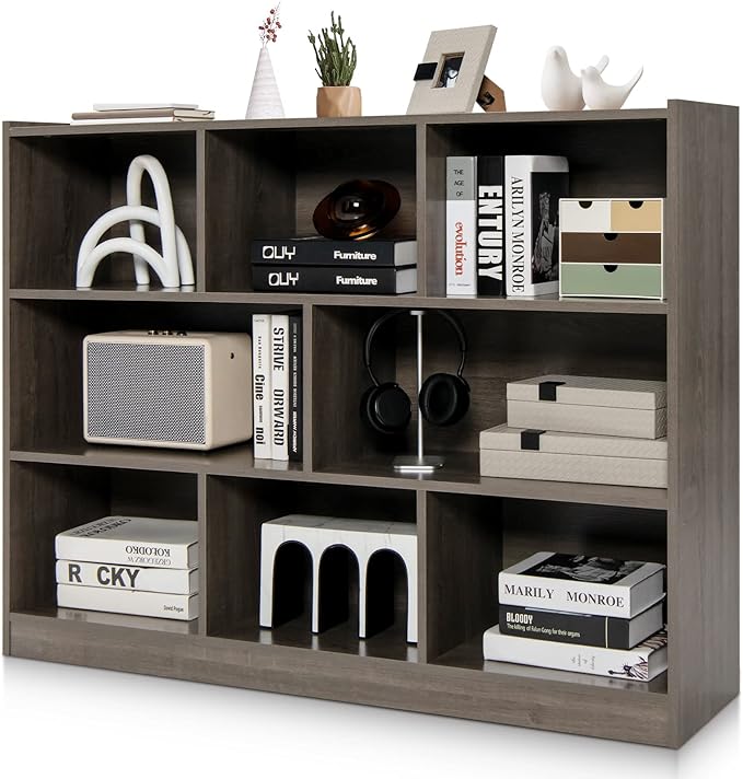 Tangkula 8-Cube Bookcase, Wood 3 Tier Open Storage Bookshelf, Modern Multipurpose Display Cabinet for Living Room, Study, Reading Nook, 48 x 12.5 x 36.5 Inch, Grey-Ruum Studio Home