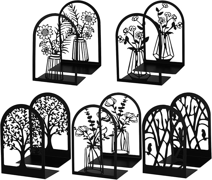 Faccito 5 Pairs Book Ends, Black Metal Bookends for Shelves Decorative, Non Skid Tree Stopper and Flower Shelf Holder for Heavy Books, Home Office School Supplies (Classic)-Ruum Studio Home