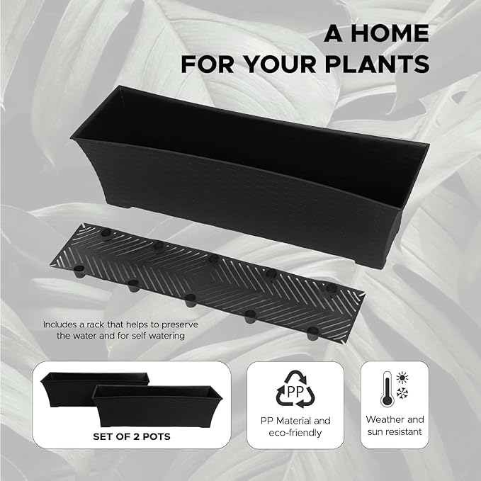 Elly Décor Set of 2 24x8 Rectangular Modern, Resistant and Self Watering Planter with Rattan-Like Finish, 24", Gray-Ruum Studio Home