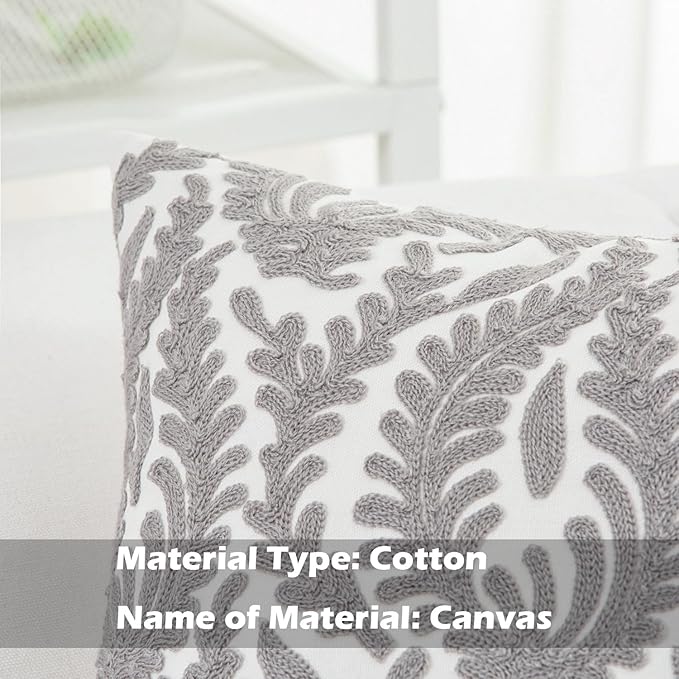 HWY 50 Grey Gray Decorative Throw Pillow Covers 18x18 Inch (1 Piece), Embroidered Cotton Farmhouse Cushion Cover Pillow Case for Sofa Couch Living Room Bed Bedroon, Floral Branches-Ruum Studio Home