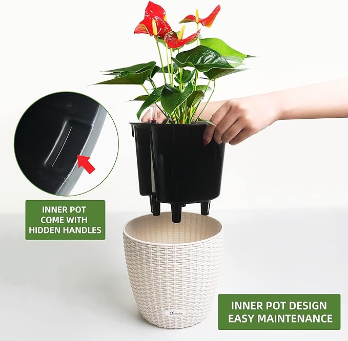 Dexceder 9x8 Inches Rattan Self Watering Planter Indoor Outdoor, Inner Pot Design, Thickened Table Flower Plant Pot with Water Level Indicator (Ivory White)-Ruum Studio Home