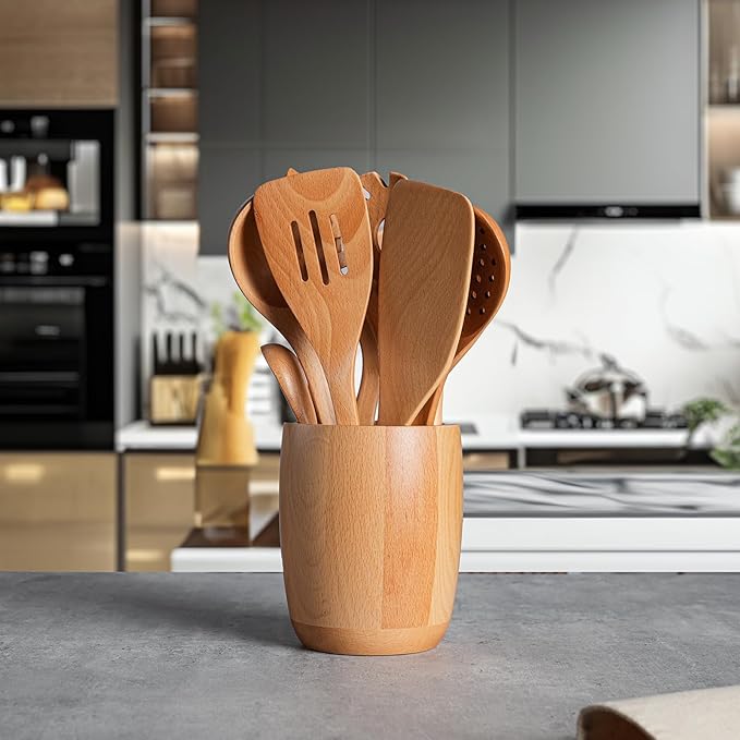 11 PCS WOSPONFAN Kitchen Utensils Set - Wooden Spoons for Cooking, Natural Beech Wood Wooden Utensils - Includes Wooden Spoons, Spatula Set, Slotted Spoon - Handmade Wooden Spoon Set-Ruum Studio Home